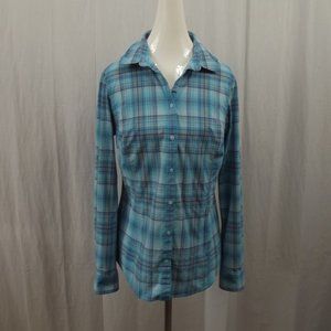 Duluth Women's Nylon Shirt Size Medium Blue Plaid Long Sleeve Button Down
